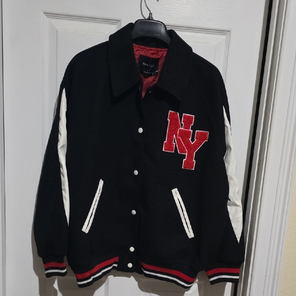 New Look Black and White Varsity Jacket with Red Accents‎